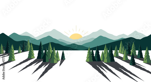 Stylized mountain landscape with pine trees silhouetted at sunrise in vector format
