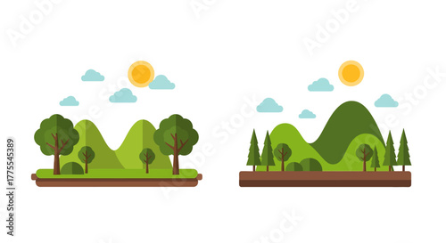 Vibrant nature landscapes, cartoonish style with mountains, sun and clouds set in a simple design