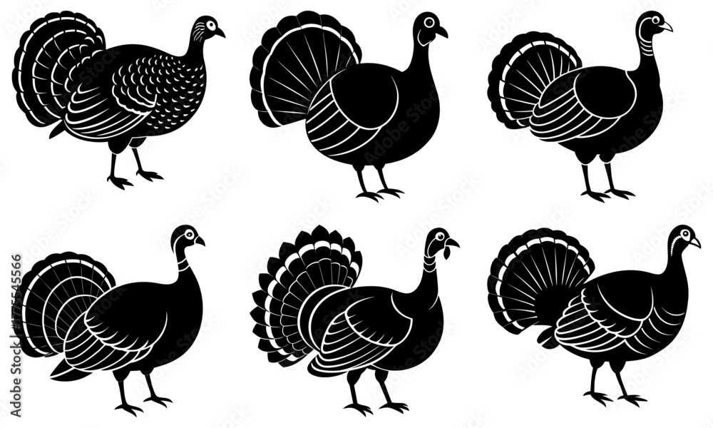 Obraz premium Festive turkey silhouettes for Thanksgiving celebrations, perfect for holiday designs and autumn themed projects, ideal for crafting and seasonal events