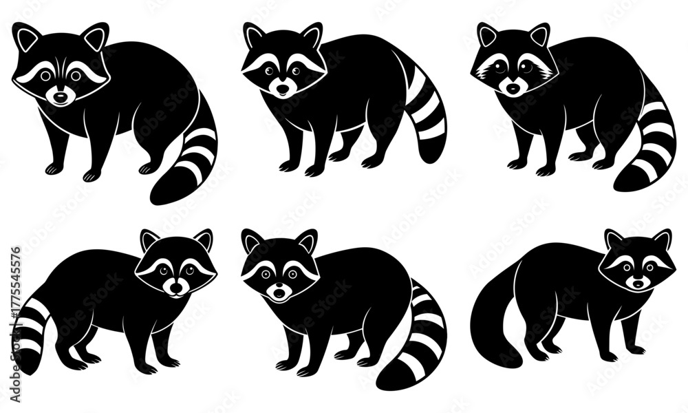 Naklejka premium Charming raccoon collection, delightful animal illustration for kids, cute wildlife design, perfect for nature lovers and educational projects