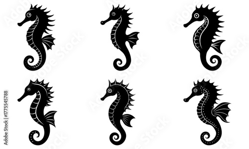 Elegant seahorse silhouettes in a striking pattern, perfect for nautical designs, coastal themes, and marine life projects, originally a vector graphic