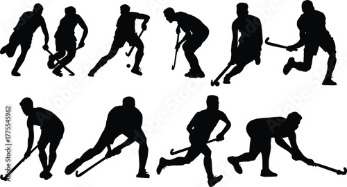 hockey sport action silhouette set collection showing players in motion, stick handling, shooting, and goalie poses for athletic design themes 