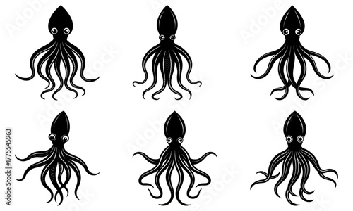Charming squid collection perfect for ocean lovers, coastal designs, and marine themed projects, originally a scalable vector graphic for versatile use