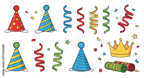 Celebrate with colorful party hats, confetti, streamers and a golden crown, perfect for birthdays, events, or special occasions that bring pure joy