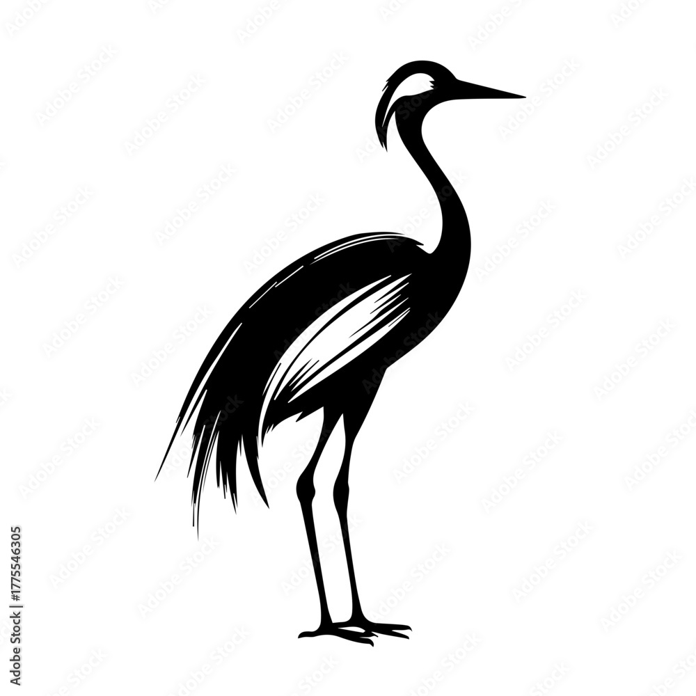 Obraz premium Elegant crane in black and white minimalist style. This crane image highlights the beauty of this bird. Capture crane in unique art for design projects needing delicate touch.