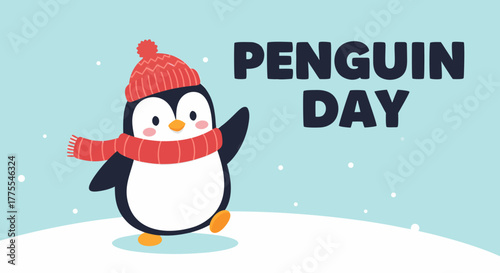 Celebrating Penguin Day with cute penguin in winter hat and scarf, adorable penguin on Penguin Day. Festive Penguin Day artwork includes a cartoon penguin character, snowy ground.
