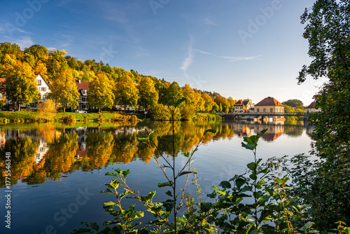 Beautiful waterfront at the autumnal Neckar River in Tübingen