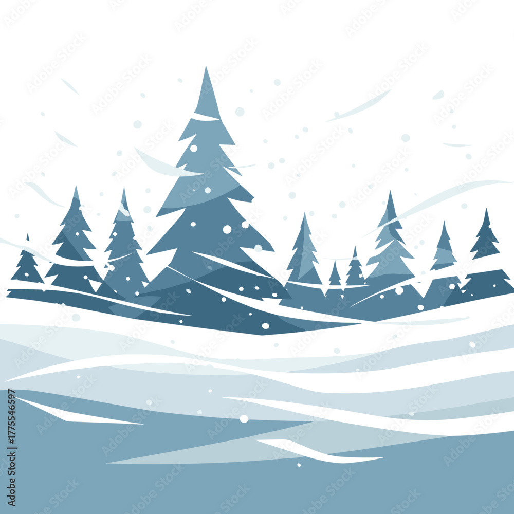 Fototapeta premium Winter snow-covered landscape with blue pine trees in snowfall 