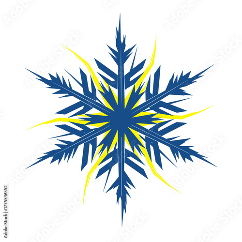 Geometric snowflake design in blue and yellow with sharp edges  
