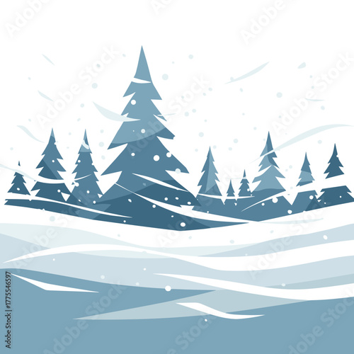 Winter snow-covered landscape with blue pine trees in snowfall  