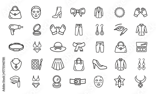 Collection of simple line icons representing fashion and beauty items for women's style and personal care