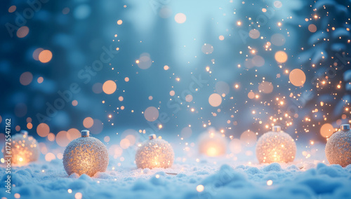 New Year's background, balls on snow snowfall Christmas tree