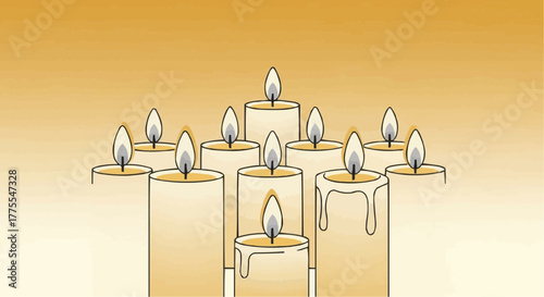 Group of burning candles with dripping wax on warm orange background  