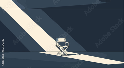 Director's chair illuminated by spotlight against dark background  