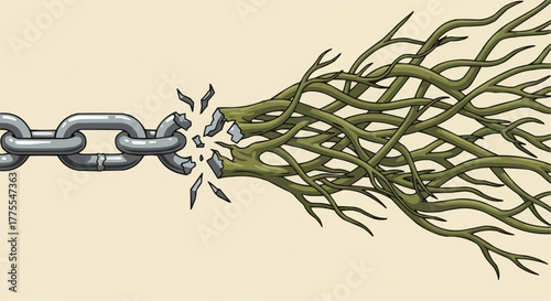 Chain breaking with roots emerging in a symbolic illustration  