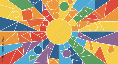 Colorful geometric abstract design with sun and human figures  
