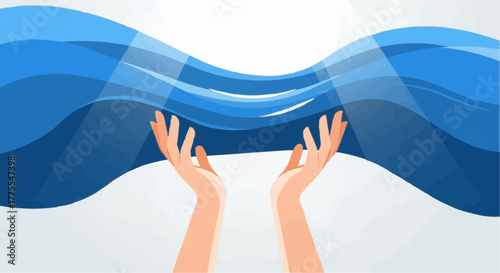 Two hands holding flowing blue waves in abstract design  