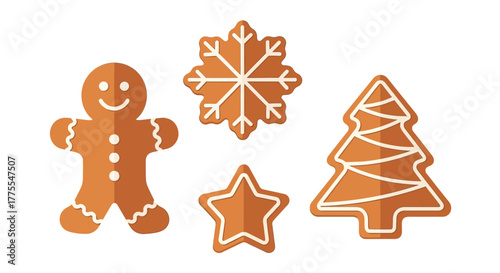 Gingerbread cookies in the shapes of a man, snowflake, star, and Christmas tree.