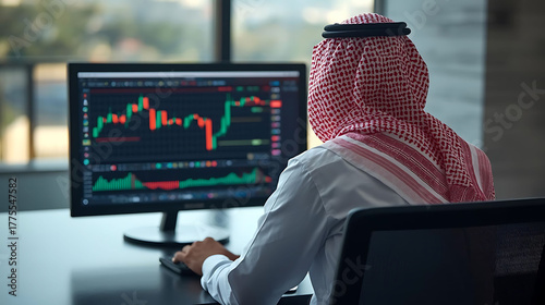 Arab businessman analyzing and stock market data on laptop, financial trading concept in modern office, Middle Eastern investor