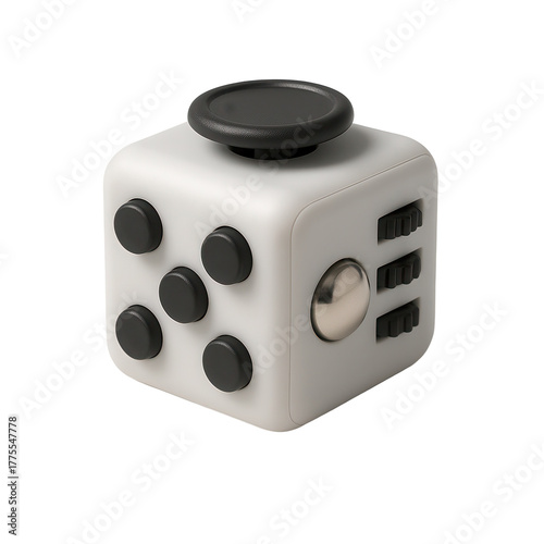 White fidget cube with black buttons for stress relief
