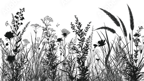 Black Silhouette of Wild Grasses and Flowers nature
