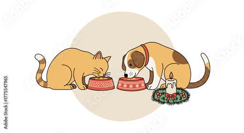 Cat and dog eating from bowls with Christmas decoration nearby  