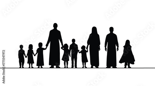 Diverse Family Silhouette Holding Hands on White Background