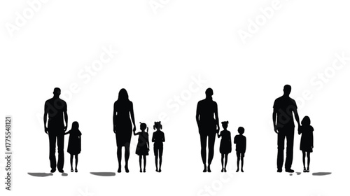 Family Silhouettes Holding Hands On White Background