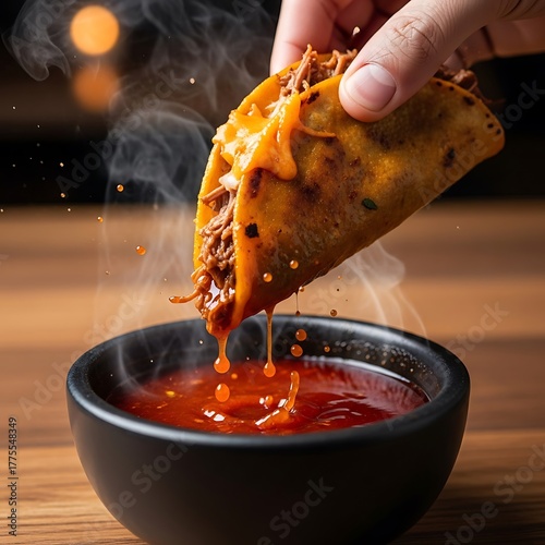 Hand dips savory beef birria taco into steaming red consommé broth