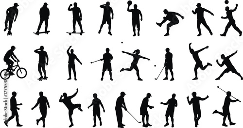 People Human Silhouette Sport Exercise Fitness Running Cycling Basketball Skateboard Jump Rope Dancing Activity Athlete Motion Dynamic Pose Vector Outline Drawing Illustration