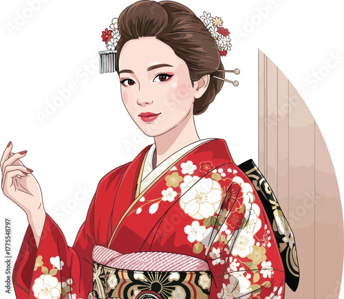 Elegant geisha in traditional red kimono with floral accents embodies Japanese culture