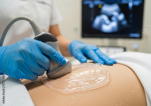 Doctor performs ultrasound scan on pregnant belly showing baby on screen