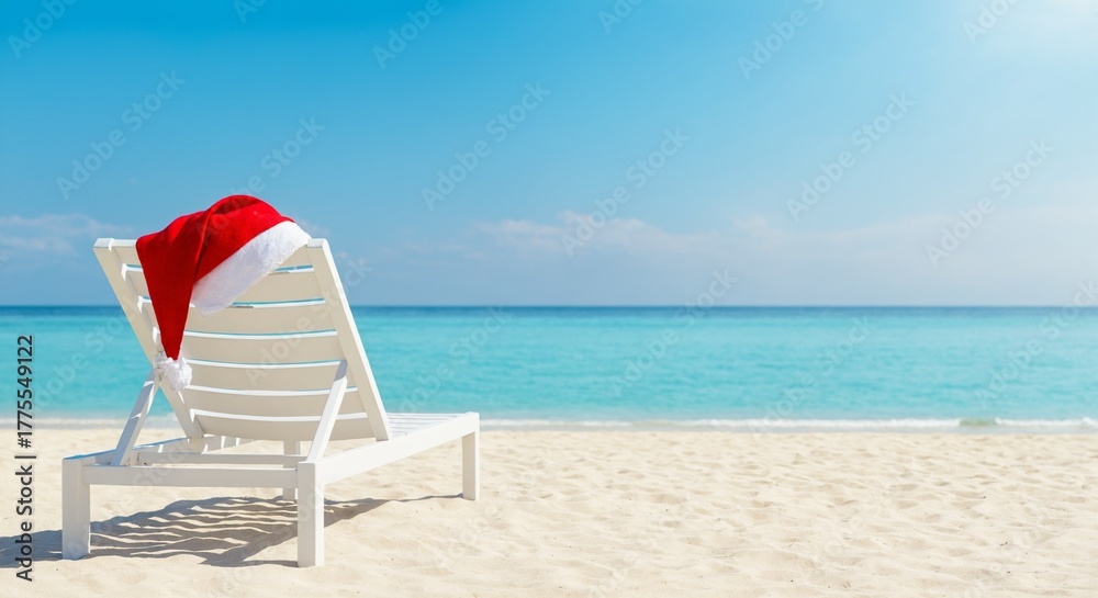 Fototapeta premium Santa hat on white lounge chair at tropical beach under blue sky