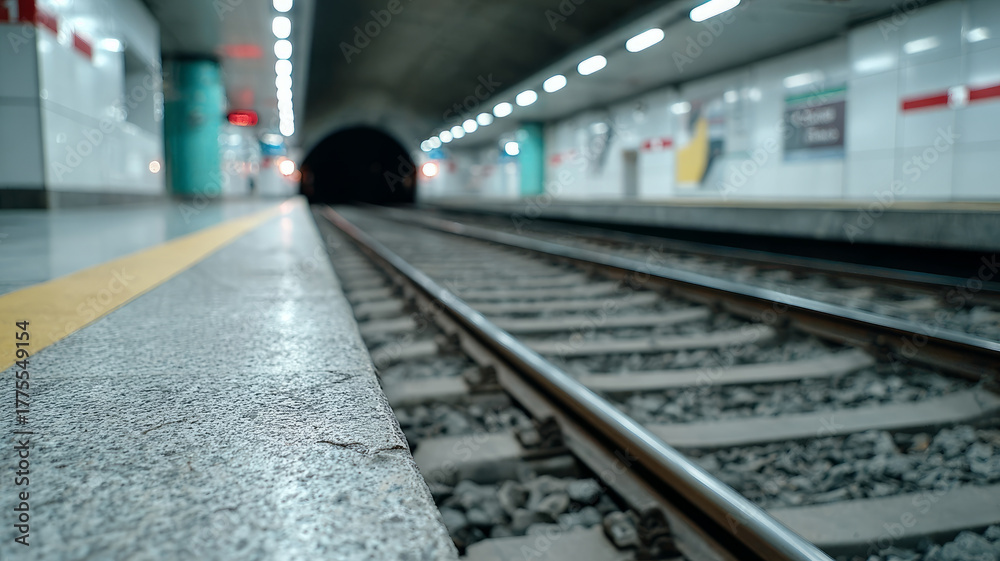 Fototapeta premium Empty subway station with railway tracks leading into tunnel.