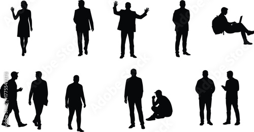 People Human Silhouette Standing Walking Talking Sitting Laptop Suit Dress Briefcase Gesture Professional Casual Lifestyle Pose Vector Outline Drawing Illustration Art