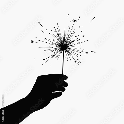 Hand holding a burning sparkler silhouette. Minimalist black and white graphic for party and holiday celebrations. Festive firework design element isolated on white background