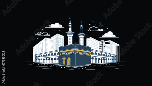 kaaba outline, minimal Islamic vector, two color art, sacred design, elegant line illustration