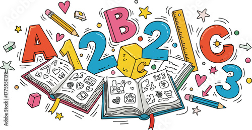 vector alphabet numbers books pencils rulers school supplies colorful playful educational early learning design illustration