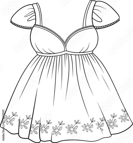 Puff sleeve dress, sweetheart neckline, gathered bodice, flared skirt, floral embroidery, fashion illustration, garment construction, technical drawing, clothing template, fashion vector, structured s