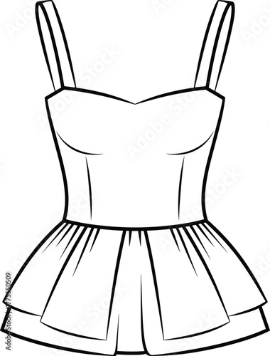 Peplum top sketch, sweetheart neckline, sleeveless design, fashion illustration, garment construction, flared waist, shoulder straps, clothing template, technical drawing, apparel mockup, minimalist l