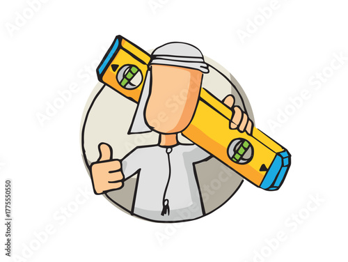 Hand drawn sketch of an Arab character holding a construction balance. Suitable for construction, architecture and wood work adverts.