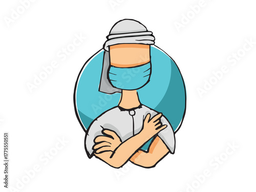 Hand drawn sketch of an arab doctor character wearing a mask. Suitable for Covid - 19 awareness campaign 
