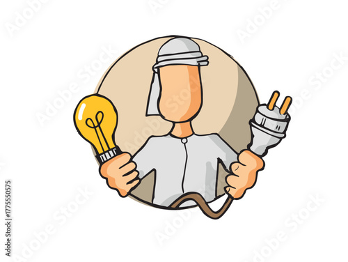 Hand drawn sketch of an arab character holding a light bulb with wire. Suitable for innovation, creativity and ingenious ideas, adverts and camp