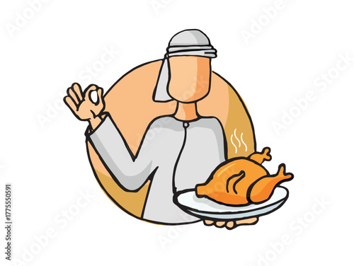 Hand drawn sketch of  Arab character holding a roasted chicken plate, best use for food  restaurant adverts 