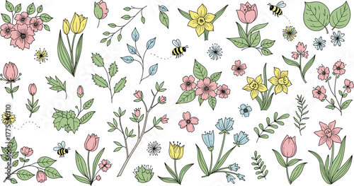 vector botanical flowers leaves bees colorful hand drawn blossoms nature spring garden whimsical decorative design