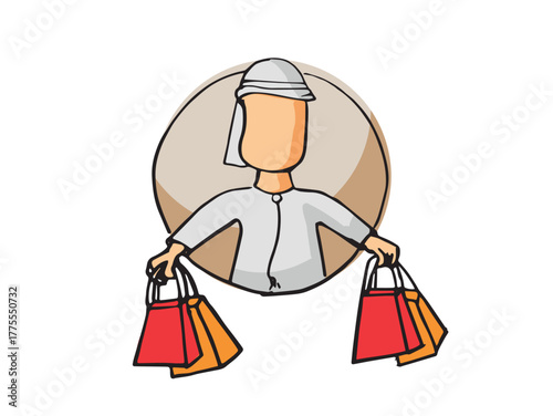 Hand drawn sketch  of Arab character holding shopping bags, on a white background. Suitable for sale and promotional campaigns and adverts. 