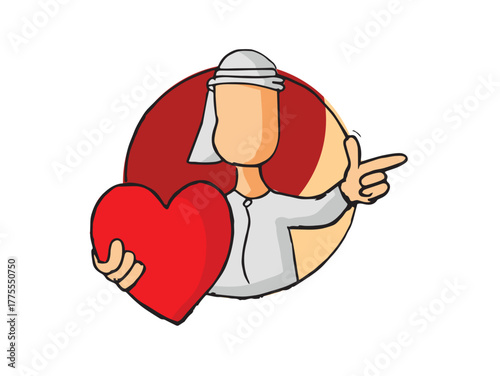 Hand drawn sketch of arab character holding a red heart, on an isolated white background. Suitable for adverts to  express gratitude, love, happiness, and hope