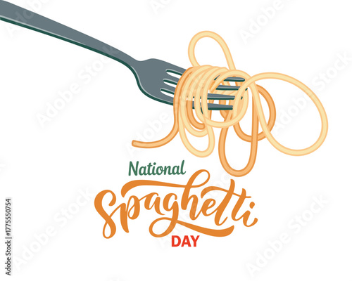 Spaghetti day. Hand lettering design for Spaghetti day. Vector illustration Hand drawn text for National holiday. Script. Calligraphic design for print card, banner, poster.