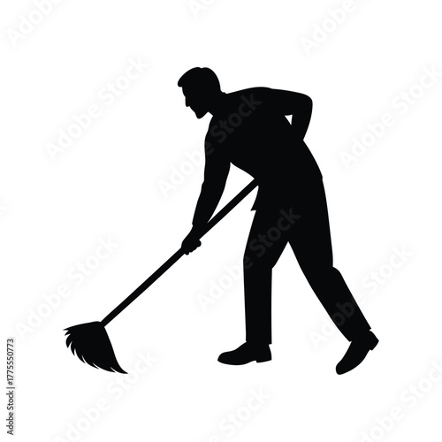 Man cleaning floor silhouette with broom for housework and home hygiene