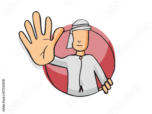 Hand drawn sketch of arab waving hand to indicate STOP sign, suitable for adverts and promotions.